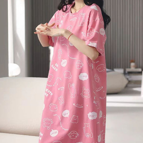 Pink Cartoon Print Midi Night Dress - Casual Sleepwear Women - Shop N Save