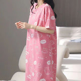 Cartoon Print Short Sleeves Women's Night Dress Loose Style Midi Length Casual Sleepwear Dress in Pink Terylene Blend