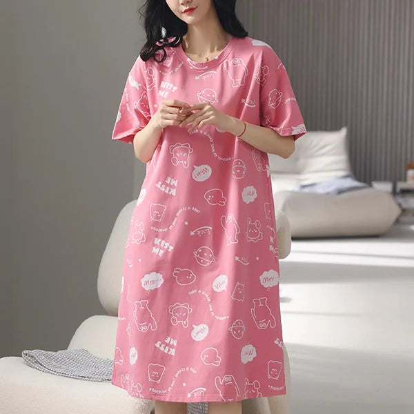 Cartoon Print Short Sleeves Women's Night Dress Loose Style Midi Length Casual Sleepwear Dress in Pink Terylene Blend
