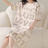 Alphabetic Print Short Sleeves Round Neck Midi Dress Comfortable and Stylish Pajama Dress for Women Soft Fabric Khaki Color