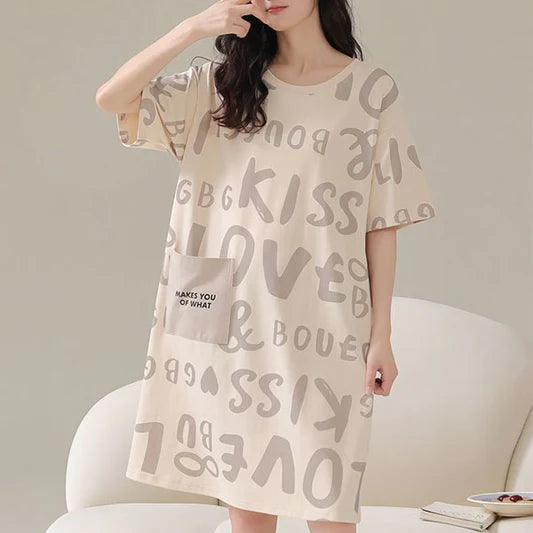 Alphabetic Print Short Sleeves Round Neck Midi Dress Comfortable and Stylish Pajama Dress for Women Soft Fabric Khaki Color