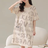 Alphabetic Print Short Sleeves Round Neck Midi Dress Comfortable and Stylish Pajama Dress for Women Soft Fabric Khaki Color