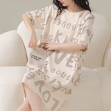 Alphabetic Print Short Sleeves Round Neck Midi Dress Comfortable and Stylish Pajama Dress for Women Soft Fabric Khaki Color