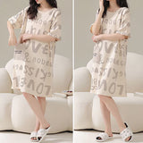 Alphabetic Print Short Sleeves Round Neck Midi Dress Comfortable and Stylish Pajama Dress for Women Soft Fabric Khaki Color