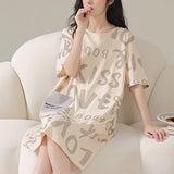 Alphabetic Print Short Sleeves Round Neck Midi Dress Comfortable and Stylish Pajama Dress for Women Soft Fabric Khaki Color