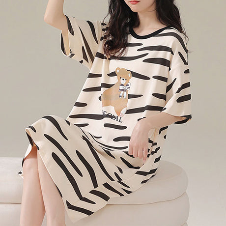 Comfy Striped Midi Night Dress - Stylish, Black, Terylene Cotton Blend - Shop N Save