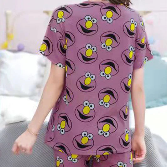 Multi Color Cartoon Prints Women\'s Short Sleeve Pajama Set Soft Fabric Elastic Bottom Shorts Cute and Comfy Sleepwear!