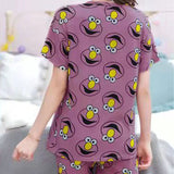 Multi Color Cartoon Prints Women\'s Short Sleeve Pajama Set Soft Fabric Elastic Bottom Shorts Cute and Comfy Sleepwear!