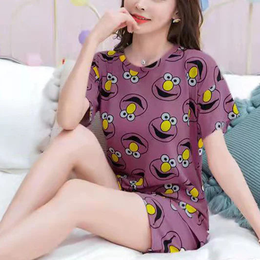 Multi Color Cartoon Prints Women\'s Short Sleeve Pajama Set Soft Fabric Elastic Bottom Shorts Cute and Comfy Sleepwear!
