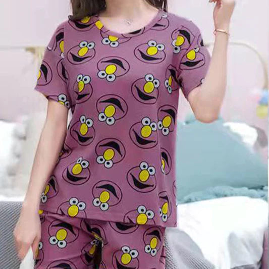 Multi Color Cartoon Prints Women\'s Short Sleeve Pajama Set Soft Fabric Elastic Bottom Shorts Cute and Comfy Sleepwear!