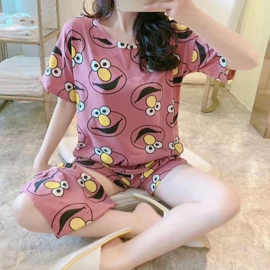 Multi Color Cartoon Prints Women\'s Short Sleeve Pajama Set Soft Fabric Elastic Bottom Shorts Cute and Comfy Sleepwear!