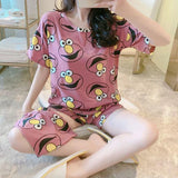 Multi Color Cartoon Prints Women\'s Short Sleeve Pajama Set Soft Fabric Elastic Bottom Shorts Cute and Comfy Sleepwear!
