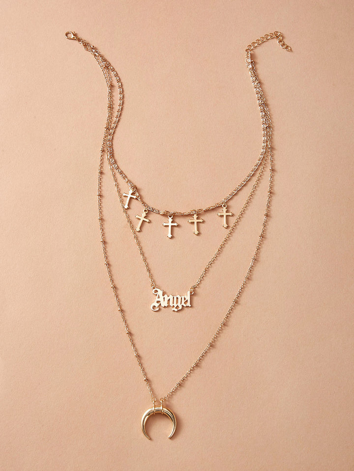 Moon &amp; Cross Layered Necklace: Charm Pendant Design - Shop N Save