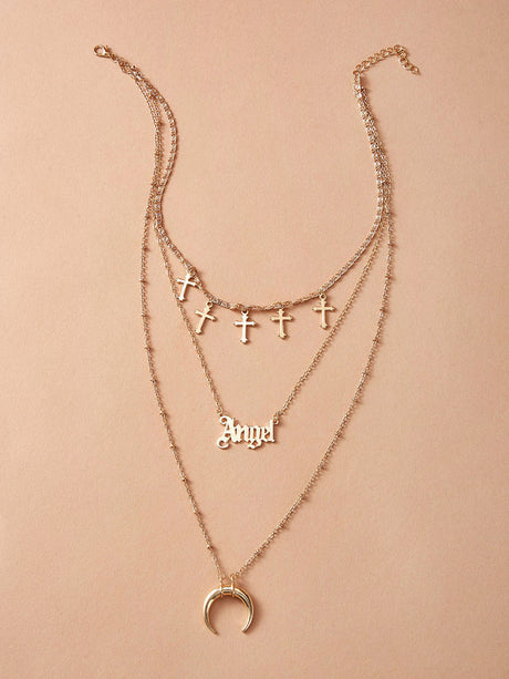 Moon &amp; Cross Layered Necklace: Charm Pendant Design - Shop N Save