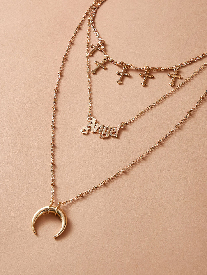 Moon &amp; Cross Layered Necklace: Charm Pendant Design - Shop N Save