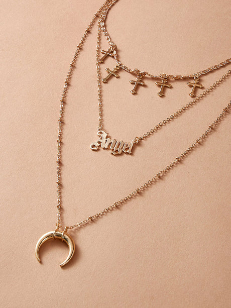 Moon &amp; Cross Layered Necklace: Charm Pendant Design - Shop N Save