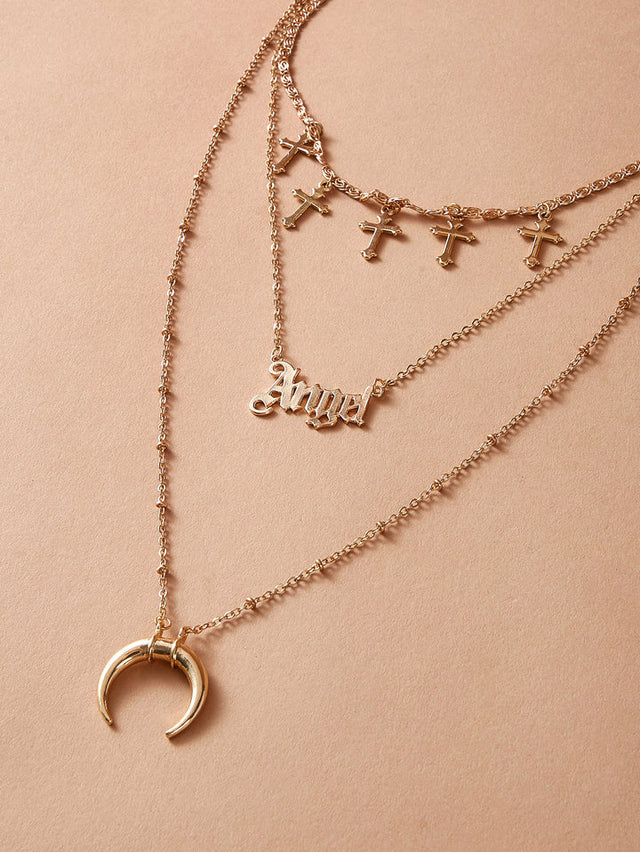 Moon &amp; Cross Layered Necklace: Charm Pendant Design - Shop N Save