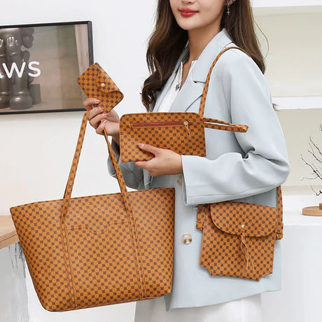 Stylish Geo Pattern PU Leather 4-Piece Bags Set - Large Capacity, Square Shape, Double Handles