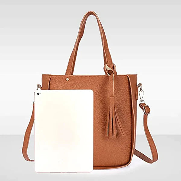 Stylish Lychee Pattern Bucket Bag Set - Brown, Double Handles, Zipper Closure - Shop N Save