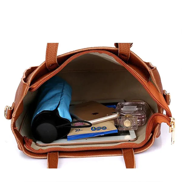 Stylish Lychee Pattern Bucket Bag Set - Brown, Double Handles, Zipper Closure - Shop N Save