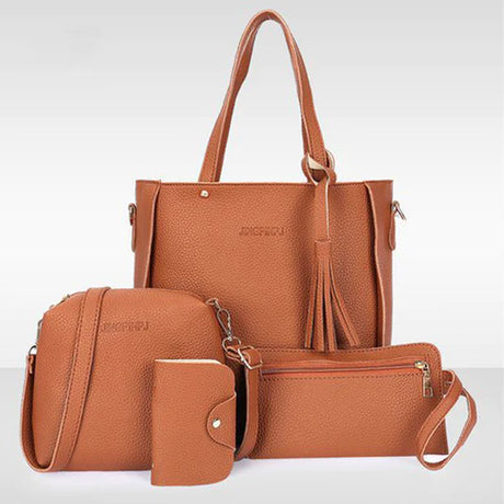 Stylish Lychee Pattern Bucket Bag Set - Brown, Double Handles, Zipper Closure - Shop N Save