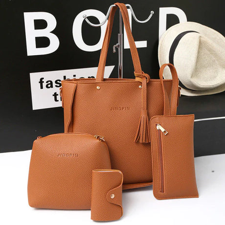 Stylish Lychee Pattern Bucket Bag Set - Brown, Double Handles, Zipper Closure - Shop N Save