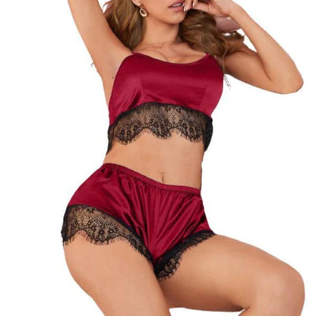 Romantic Wine Red Lace Satin Lingerie Set for Women Spaghetti Strap Top &amp; Elastic Waist Shorts Perfect Nightwear for Girls!