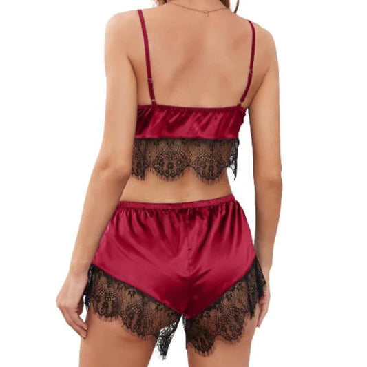 Romantic Wine Red Lace Satin Lingerie Set for Women Spaghetti Strap Top &amp; Elastic Waist Shorts Perfect Nightwear for Girls!