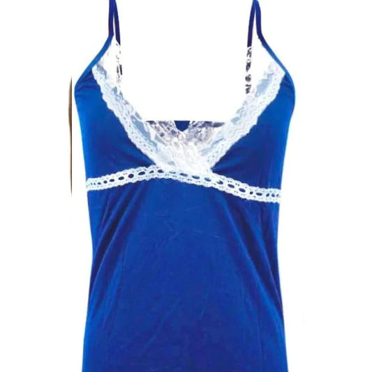 Free-Spirited Blue Lace Nightwear for Comfortable Romantic Evenings. Soft Polyester-Spandex Blend with V-Neck and Spaghetti Straps. Free Size for Girls