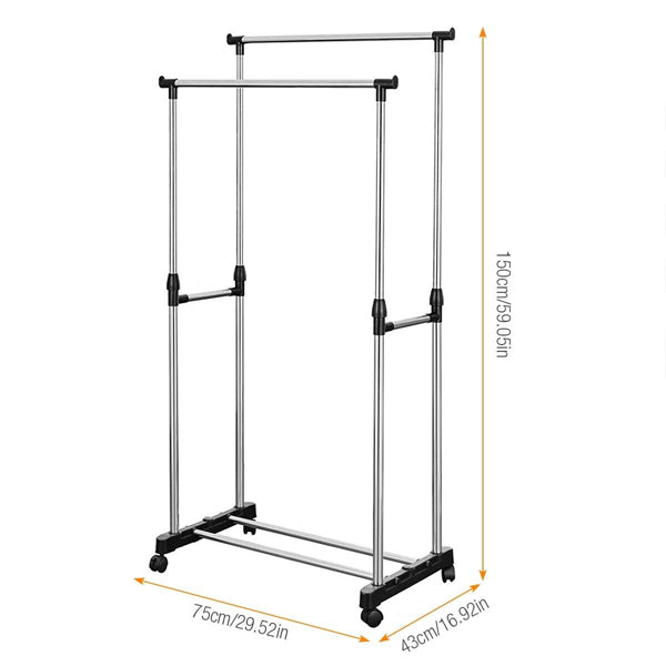 Easy-Assembly Silver Double Pole Clothes Hanger Adjustable &amp; Moveable Ideal for Clothing Storage Drying and Space Saving Stainless Steel - Shop N Save