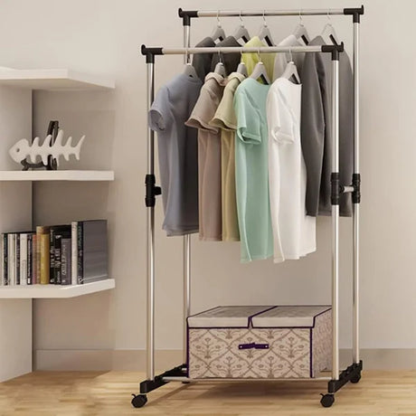 Easy-Assembly Silver Double Pole Clothes Hanger Adjustable &amp; Moveable Ideal for Clothing Storage Drying and Space Saving Stainless Steel - Shop N Save