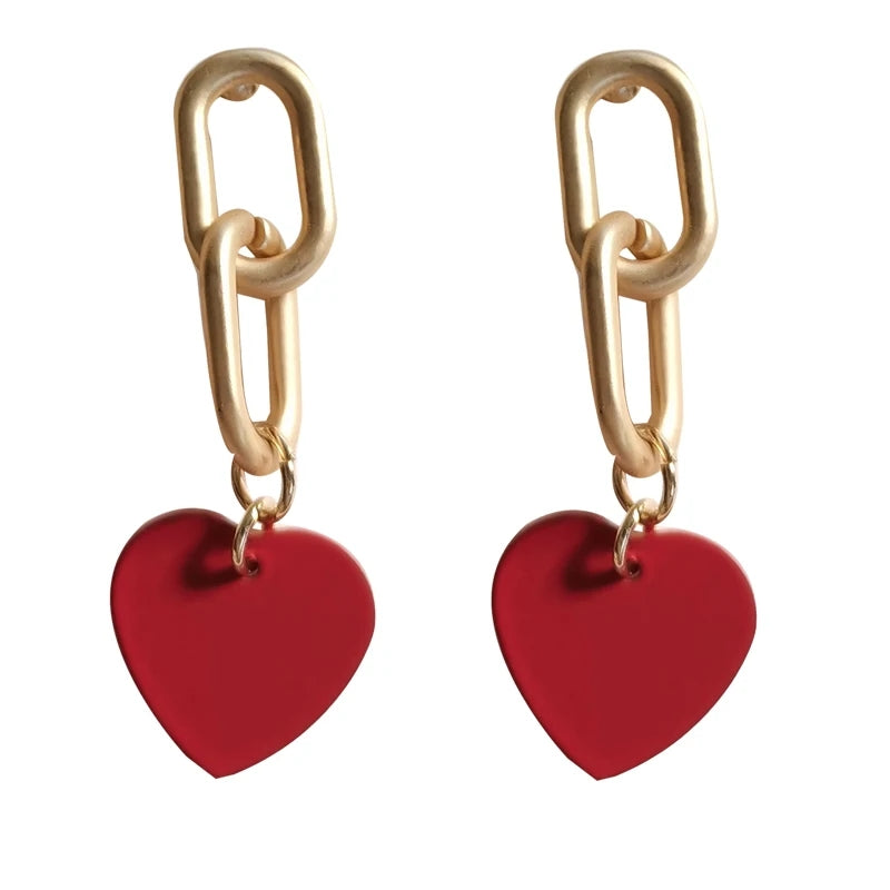 Elegant Red Heart Studs: Retro Chain, Golden Fashion Jewelry