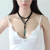 Long Blue Pendant Choker Necklace Brown Lace