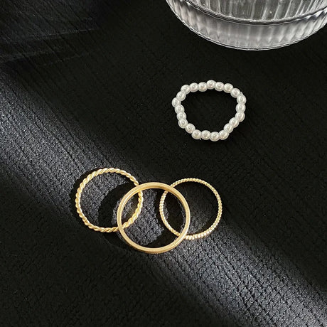 Plain Pearl Overlapping Ring Set - Fashionable Women's Party Jewelry - Shop N Save