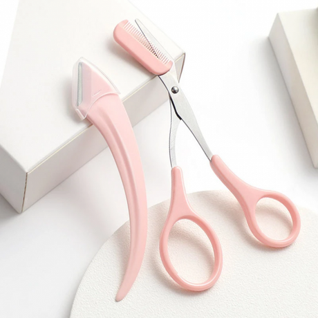 3 Pcs Professional Eyebrow Trimmer Scissor With Comb Hair Removal - Pink