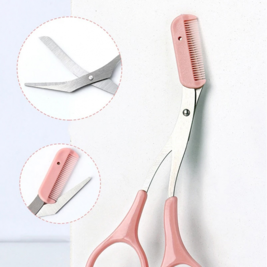 3 Pcs Professional Eyebrow Trimmer Scissor With Comb Hair Removal - Pink
