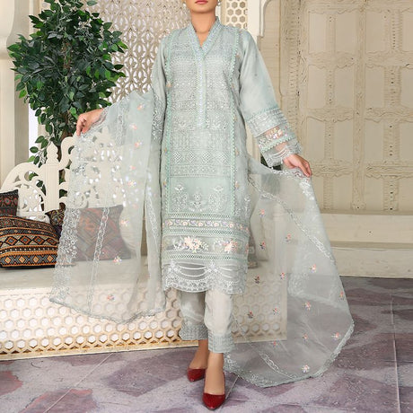 3 Piece Fancy Embroidery Dress - Stylish Light Weight Chiffon Organza Fabric Suit Indian Pakistani Fancy Embroidered Dress For Events Party Outdoor Dress - Green - Shop N Save