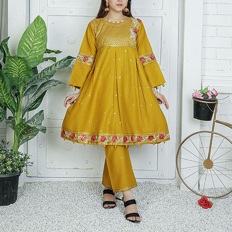 2 Piece Kurti Salwar Embroidery Set - Pure Cotton Collection Stylish Solid Color Light Weight Cotton Fabric Suit Top Bottom Salwar Kameez Indian Pakistani Embroidered Suit For Event Party Outdoor Dress - Golden - Shop N Save