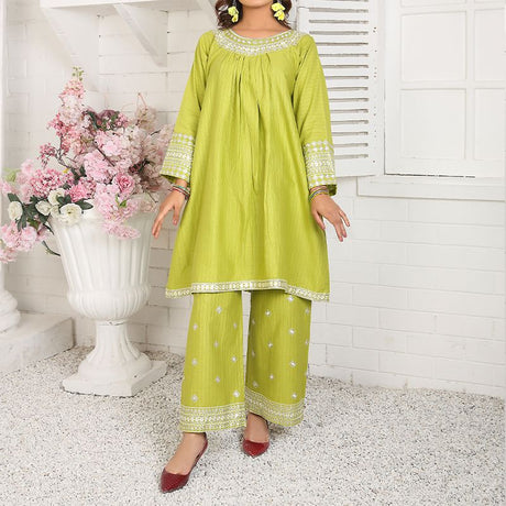 2 Piece Kurti Salwar Embroidery Set - Pure Cotton Collection Stylish Solid Color Light Weight Cotton Fabric Suit Top Bottom Salwar Kameez Indian Pakistani Embroidered Suit For Event Party Outdoor Dress - Green - Shop N Save