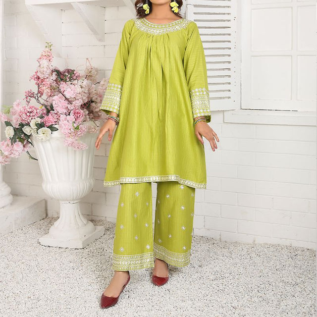 2 Piece Kurti Salwar Embroidery Set - Pure Cotton Collection Stylish Solid Color Light Weight Cotton Fabric Suit Top Bottom Salwar Kameez Indian Pakistani Embroidered Suit For Event Party Outdoor Dress - Green - Shop N Save
