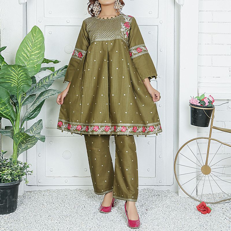2 Piece Kurti Salwar Embroidery Set - Pure Cotton Collection Stylish Solid Color Light Weight Cotton Fabric Suit Top Bottom Salwar Kameez Indian Pakistani Embroidered Suit For Event Party Outdoor Dress - Dark Green - Shop N Save