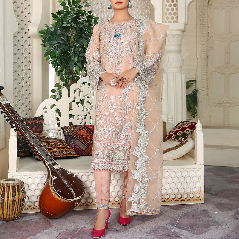 3 Piece Fancy Embroidery Dress - Stylish Light Weight Chiffon Organza Fabric Suit Indian Pakistani Fancy Embroidered Dress For Events Party Outdoor Dress - Light Pink - Shop N Save