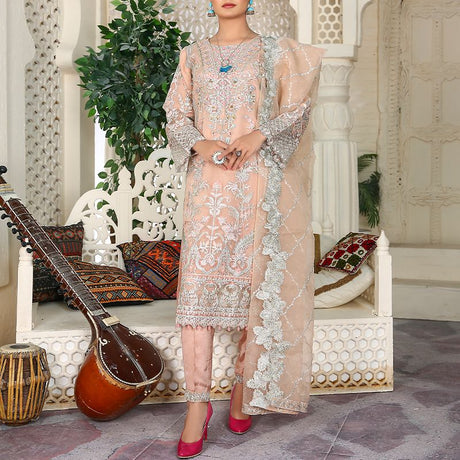 3 Piece Fancy Embroidery Dress - Stylish Light Weight Chiffon Organza Fabric Suit Indian Pakistani Fancy Embroidered Dress For Events Party Outdoor Dress - Light Pink - Shop N Save