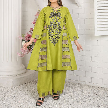 2 Piece Kurti Salwar Embroidery Set - Pure Cotton Collection Stylish Solid Color Light Weight Cotton Fabric Suit Top Bottom Salwar Kameez Indian Pakistani Embroidered Suit For Event Party Outdoor Dress - Green - Shop N Save