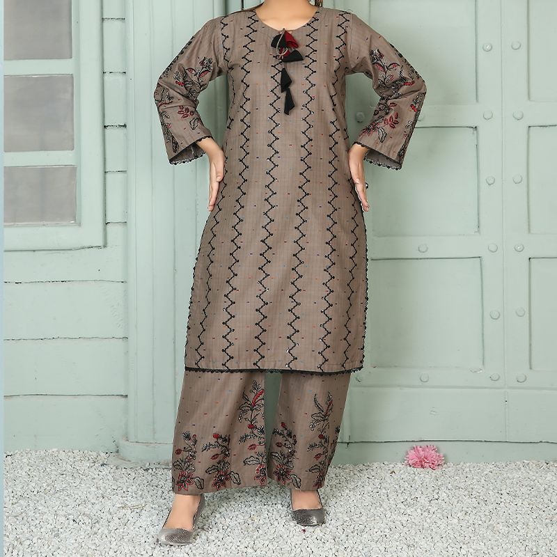 2 Piece Kurti Salwar Embroidery Set - Pure Cotton Collection Stylish Solid Color Light Weight Cotton Fabric Suit Top Bottom Salwar Kameez Indian Pakistani Embroidered Suit For Event Party Outdoor Dress - Khaki - Shop N Save