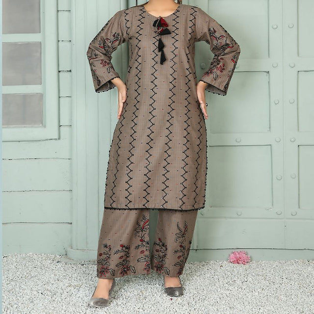 2 Piece Kurti Salwar Embroidery Set - Pure Cotton Collection Stylish Solid Color Light Weight Cotton Fabric Suit Top Bottom Salwar Kameez Indian Pakistani Embroidered Suit For Event Party Outdoor Dress - Khaki - Shop N Save