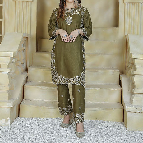 2 Piece Kurti Salwar Embroidery Set - Pure Cotton Collection Stylish Solid Color Light Weight Cotton Fabric Suit Top Bottom Salwar Kameez Indian Pakistani Embroidered Suit For Event Party Outdoor Dress - Dark Green - Shop N Save