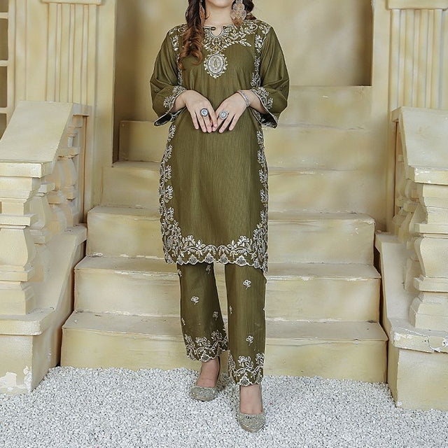2 Piece Kurti Salwar Embroidery Set - Pure Cotton Collection Stylish Solid Color Light Weight Cotton Fabric Suit Top Bottom Salwar Kameez Indian Pakistani Embroidered Suit For Event Party Outdoor Dress - Dark Green - Shop N Save