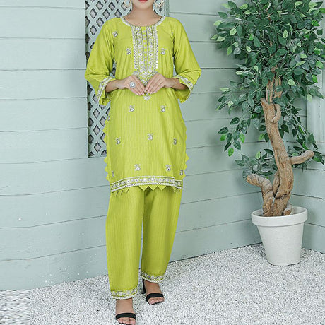 2 Piece Kurti Salwar Embroidery Set - Pure Cotton Collection Stylish Solid Color Light Weight Cotton Fabric Suit Top Bottom Salwar Kameez Indian Pakistani Embroidered Suit For Event Party Outdoor Dress - Green - Shop N Save