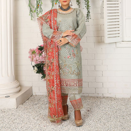 3 Piece Fancy Embroidery Dress - Stylish Light Weight Chiffon Organza Fabric Suit Indian Pakistani Fancy Embroidered Dress For Events Party Outdoor Dress - Green - Shop N Save